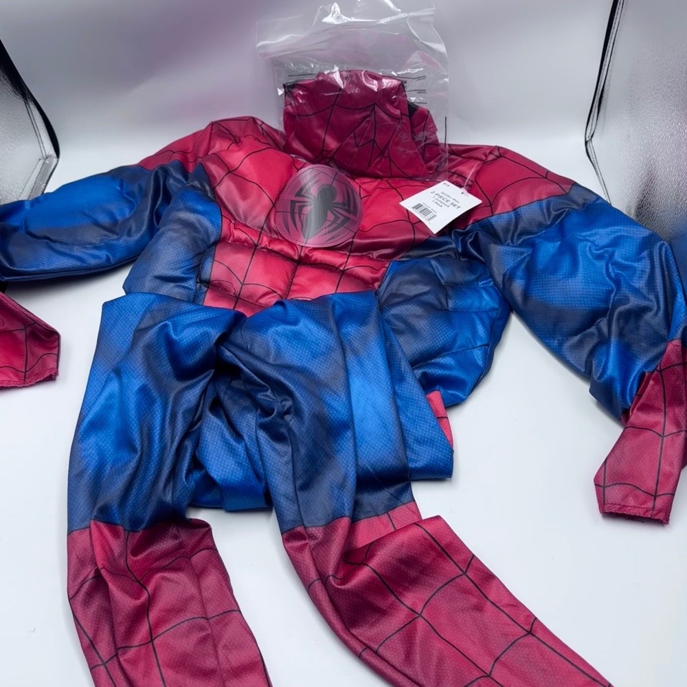 Spider Man 2 Piece Costume Set Jumpsuit Mask Kids Medium Red Blue Halloween Tag